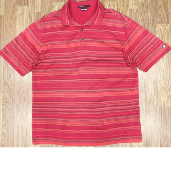 TIGER WOODS NIKE FITDRY REGULAR FIT COTTON POLO SHIRT RED STRIPE Sz LARGE, L - Picture 1 of 4
